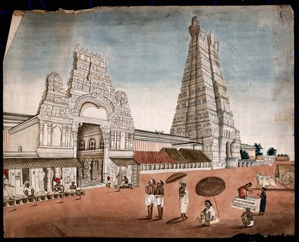 Madura: entrance to the main pagoda. Watercolour by an Indian painter.