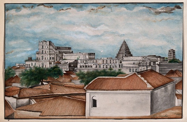 Tanjore: The royal palace. Watercolour by an Indian painter.