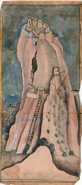 Men climbing a large cliff to reach the fortress on top. Watercolour by an Iranian painter (?).