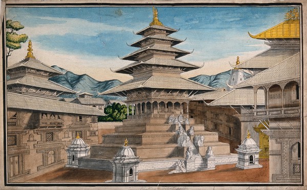 Nepal: Nyatapole temple in Bhaktapur(?). Watercolour by an Nepalese painter (?).