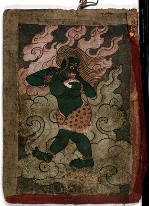 view A green Tibetan demon (?) holding a skull cup and a vajra in its hand. Gouache painting by a Tibetan artist.