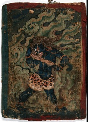 A blue Tibetan demon about to eat a human body stretched between his hands. Gouache painting by a Tibetan artist.