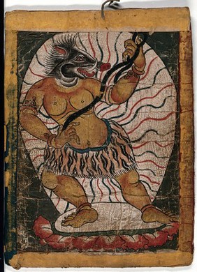 A Tibetan demon with a boar's head, pulling a black rope (?). Gouache painting by a Tibetan artist.