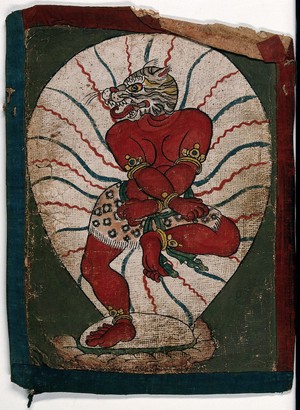 view A red Tibetan demon with a tiger's head, raising one leg. Gouache painting by a Tibetan artist.