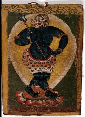 A blue Tibetan demon with a leopard's head (?), holding a trident. Gouache painting by a Tibetan artist.