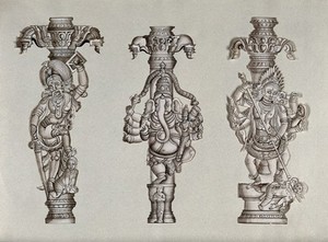 view Three Indian gods: left, Bhairav(?); center, Ganesh; right, Shiva. Drawings by an Indian artist.