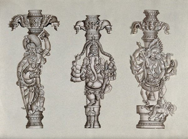 Three Indian gods: left, Bhairav(?); center, Ganesh; right, Shiva. Drawings by an Indian artist.