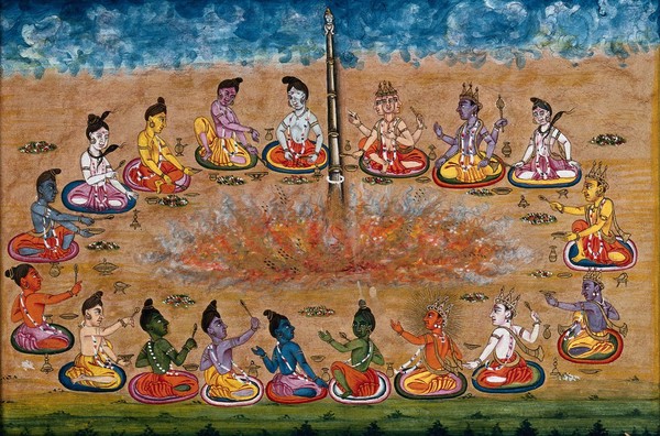 A column emerges from the sacrificial fire as eighteen deities perform a yagna, an old vedic ritual where offerings are made to the god of fire, Agni. Gouache painting by an Indian artist.