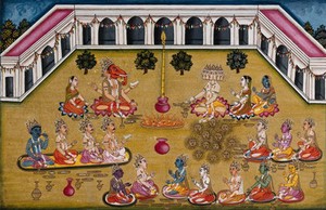 view Lord Ganesh and Skanda (?) sit across a sacrificial fire, with a long flame coming out of a pink pot watched by seventeen other deities. Gouache painting by an Indian artist.