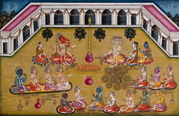 Lord Ganesh and Skanda (?) sit across a sacrificial fire, with a long flame coming out of a pink pot watched by seventeen other deities. Gouache painting by an Indian artist.