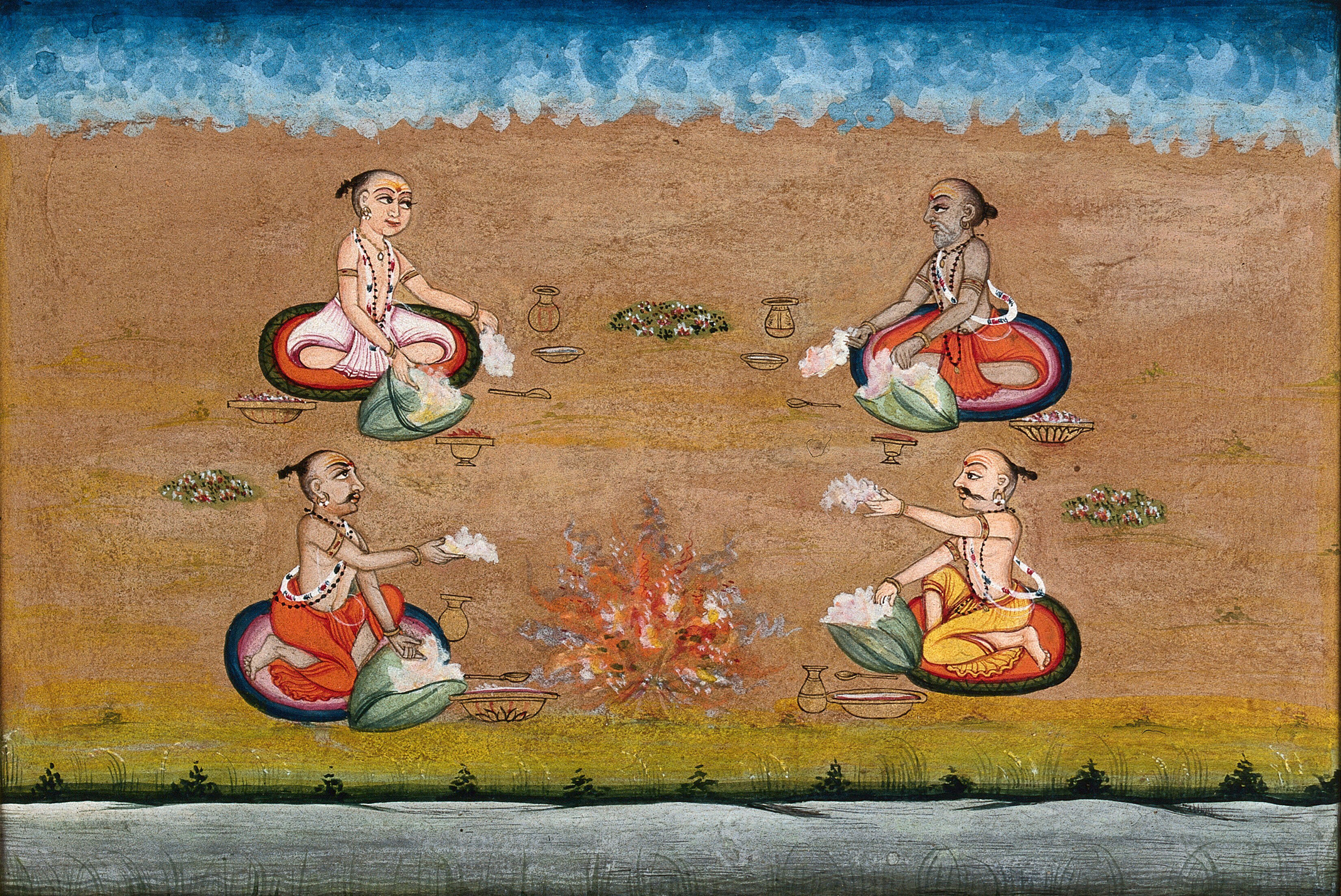 Four priests perform a yagna, a fire sacrifice, an old vedic ritual
