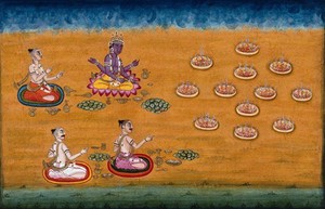 view A four armed deity and three priests sit facing twelve sacrificial fires and make offerings to the god of fire, Agni. Gouache painting by an Indian artist.