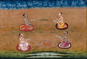 view Four priests consult some writings and perform a yagna, a fire sacrifice, an old vedic ritual where offerings are made to the god of fire, Agni. Gouache painting by an Indian artist.