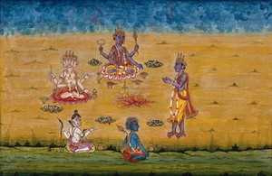 view A man prays to Brahman, Vishnu and Shiva and another deity as they perform a yagna, a fire sacrifice, an old vedic ritual where offerings are made to the god of fire, Agni. Gouache painting by an Indian artist.