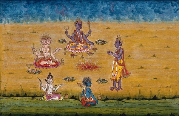 A man prays to Brahman, Vishnu and Shiva and another deity as they perform a yagna, a fire sacrifice, an old vedic ritual where offerings are made to the god of fire, Agni. Gouache painting by an Indian artist.