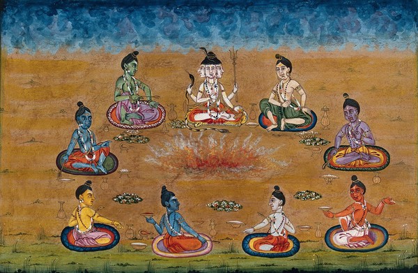 Trimurty, the three headed Shiva, sitting with eight other priests (?) perform a yagna, a fire sacrifice, an old vedic ritual where offerings are made to the god of fire, Agni. Gouache painting by an Indian artist.