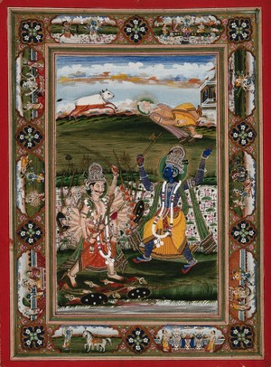 view Vishnu in his incarnation as Parasurama, a Brahman (priest) in battle with Kartavirya, a Kshatriya king, to prove the supremacy of Brahmans over Kshatriyas (kings and warriors). Gouache painting by an Indian painter.