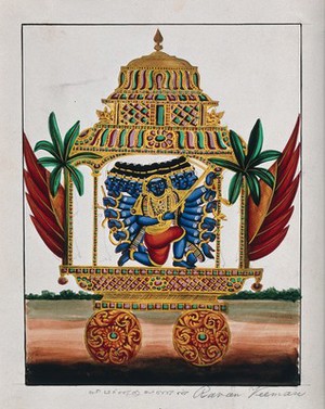 view Ravana, the demon king on his Veeman, a mythological plane or chariot. Gouache painting by an Indian painter.