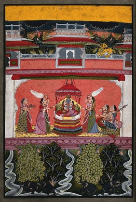 Krishna (?) sitting on a swing with two women, as two maidservants fan them while others get refreshments and play music to entertain them. Gouache painting by an Indian painter.