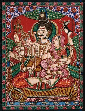 Shiva sitting on a tiger skin with his wife, Parvati and their son Ganesha on his lap. Gouache painting by an Indian painter.