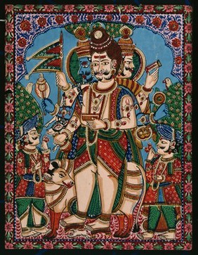 Trimurti; a three headed god with Shiva in the center, Vishnu on the left and Brahma on the right, standing before Nandi, the cow. Gouache painting by an Indian painter.