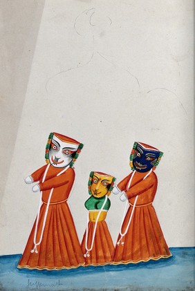 Jagannāth, Subhadrā and Balarāma standing from right to left. Gouache painting by an Indian painter.