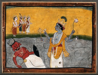 Matsya; avatar of Vishnu, Vishnu emerges from the mouth of a fish to kill the demon king Hayagriva. Gouache painting by an Indian painter.