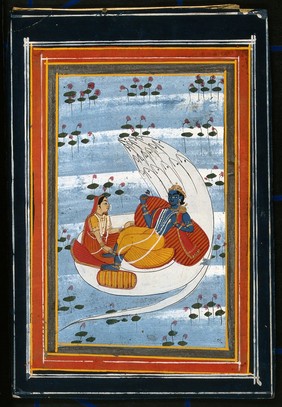 Lord Vishnu lying on the coils of the serpent, Anantha with his consort, lakshmi. Gouache painting by an Indian painter.