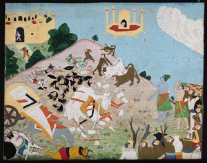 view The death of Ravana, the ten headed demon king of Lanka by Lord Rama, his brother Lakshman and an army of monkeys. Gouache painting by an Indian painter.