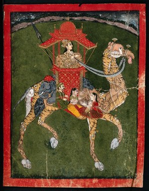 view A woman sitting on a howdah being carried by a camel whose body is formed by a variety of animals and humans. Gouache painting by an Indian painter.