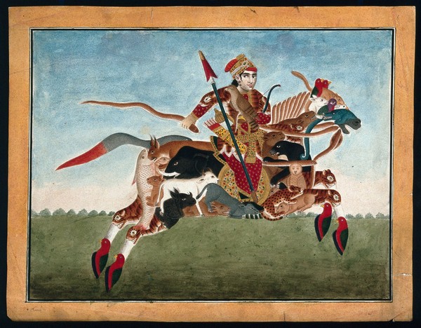 A warrior galloping on a horse whose body is formed from a variety of animals, including birds and fish. Gouache painting by an Indian painter.
