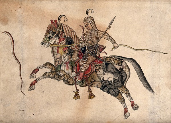 A warrior wearing armour riding on a mythical creature in the shape of a horse, but formed by a variety of animals, people, birds and fish, holding a snake in each hand. Gouache painting by an Indian painter.