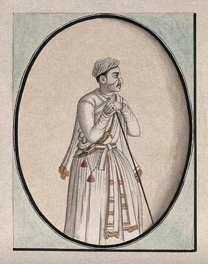 view A Mughal courtier with a scar on his face, leaning on a stick. Watercolour drawing by an Indian artist.