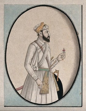 A Mughal courtier holding a flower. Watercolour drawing by an Indian artist.