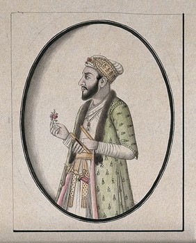 A Mughal courtier holding a flower. Watercolour drawing by an Indian artist.
