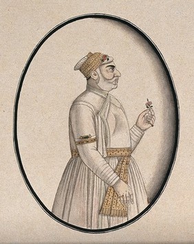 A Mughal courtier with a white beard holding a flower. Watercolour drawing by an Indian artist.