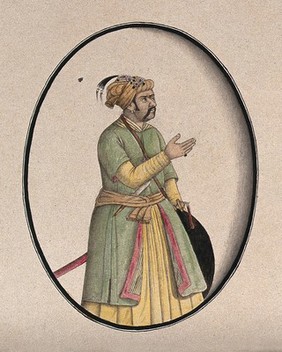 A Mughal courtier with long drooping moustaches, gesticulates with his arm. Watercolour drawing by an Indian artist.