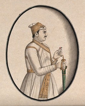 A Mughal courtier holding a green sword and a flower (?). Watercolour drawing by an Indian artist.