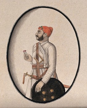 A Mughal courtier wearing a red turban and carrying a sword, dagger and shield. Watercolour drawing by an Indian artist.