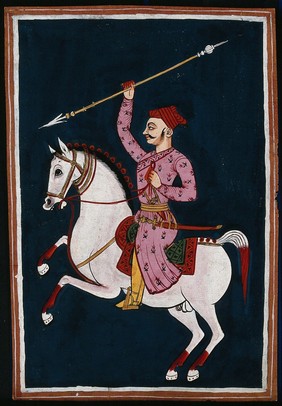 A Rajput warrior on a horse holding a spear. Gouache painting by an Indian painter.