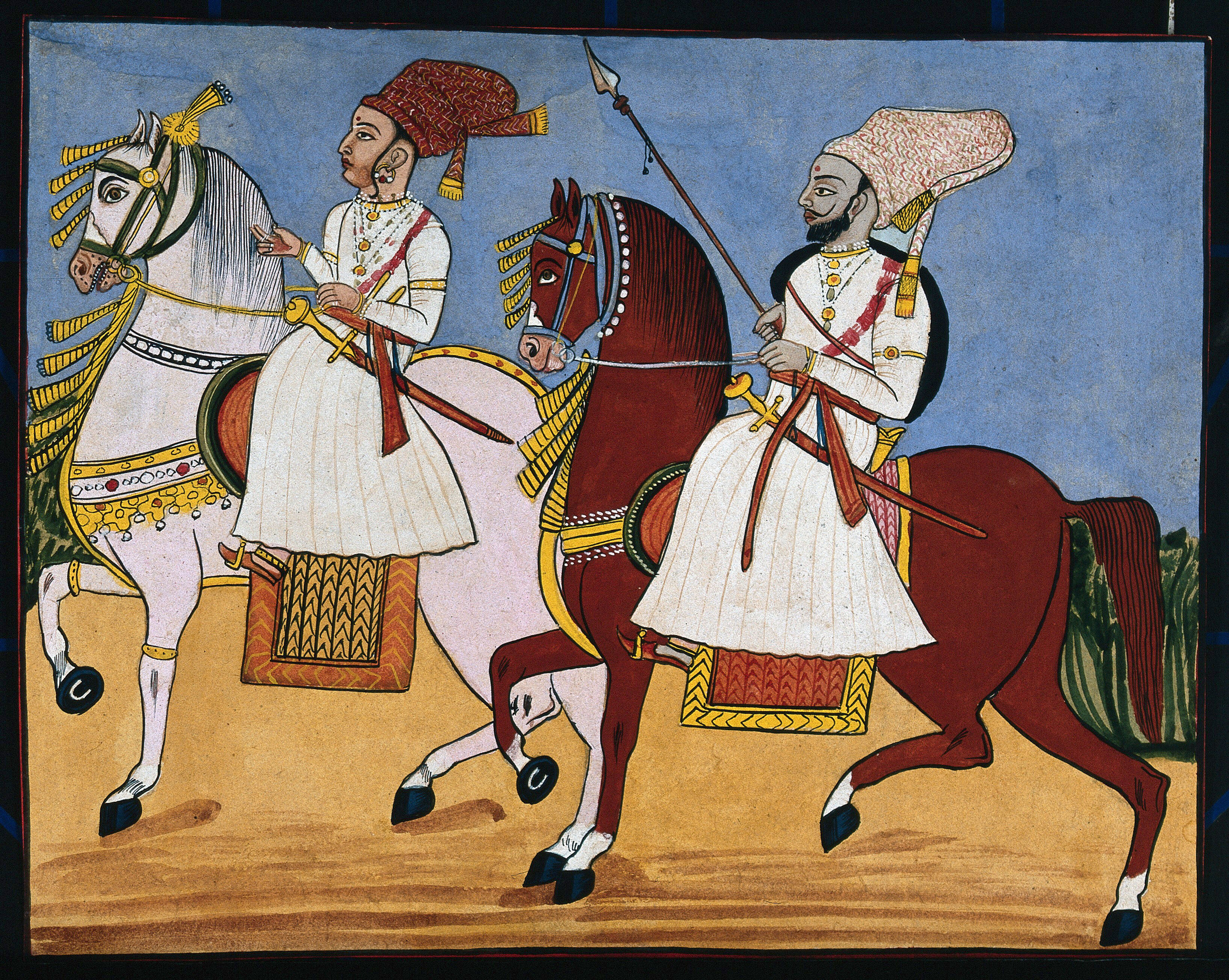 A Male And Female Attendant Riding On Horses Gouache Painting By