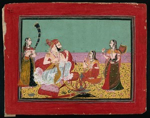 view Maharaja Deepseev (?) sitting and smoking a hookah pipe, as two female attendants fan him and a third looks on. Gouache painting by an Indian painter.