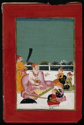 A Rajasthani Maharaja seated before four princes, Prince Jagannath, Prince Gopinath, Prince Madhosidh (?) and Prince Harisidh(?). Gouache painting by an Indian painter.