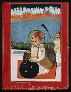 view A Rajput Maharaja with an attendant standing behind. Gouache painting by an Indian painter.