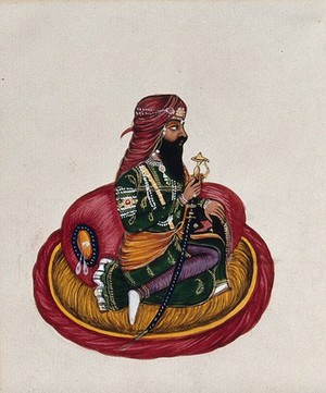 view A Sikh Maharaja or nobleman holding a blue sword. Gouache painting by an Indian painter.