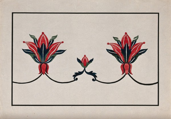 A floral border for pietra dura (marble inlaid with semi-precious stones). Gouache painting by an Indian artist.