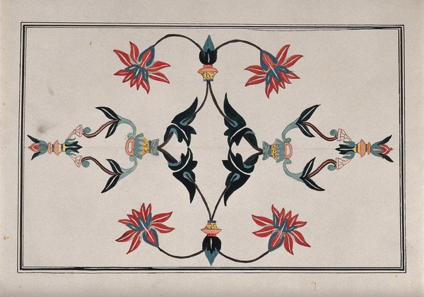 A floral pattern for pietra dura (marble inlaid with semi-precious stones). Gouache painting by an Indian artist.