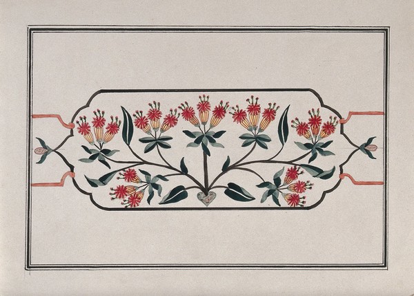 A floral pattern in a cartouche for pietra dura work (marble inlaid with semi-precious stones). Gouache painting by an Indian artist.