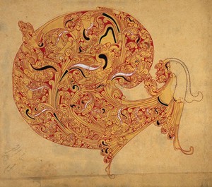 view A mythical animal in the shape of a peacock. Gouache painting by an Indian artist.