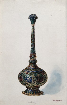 A Mughal style rose water sprinkler (?). Gouache painting by M.V. Dhurandhar, 1909.